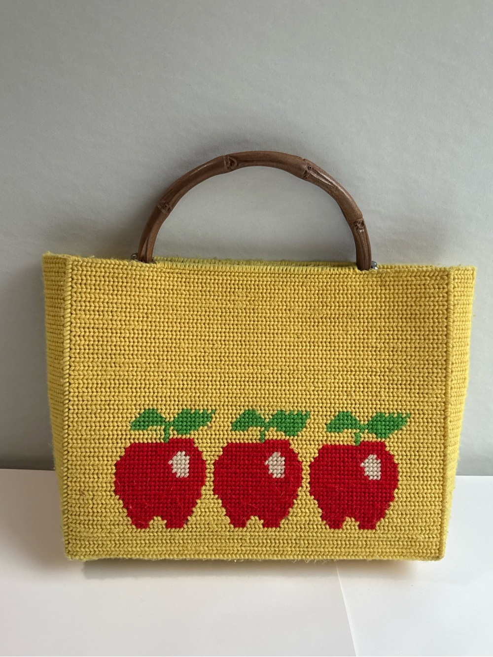 Yellow Crochet Apple Tote Bag with Bamboo Handle